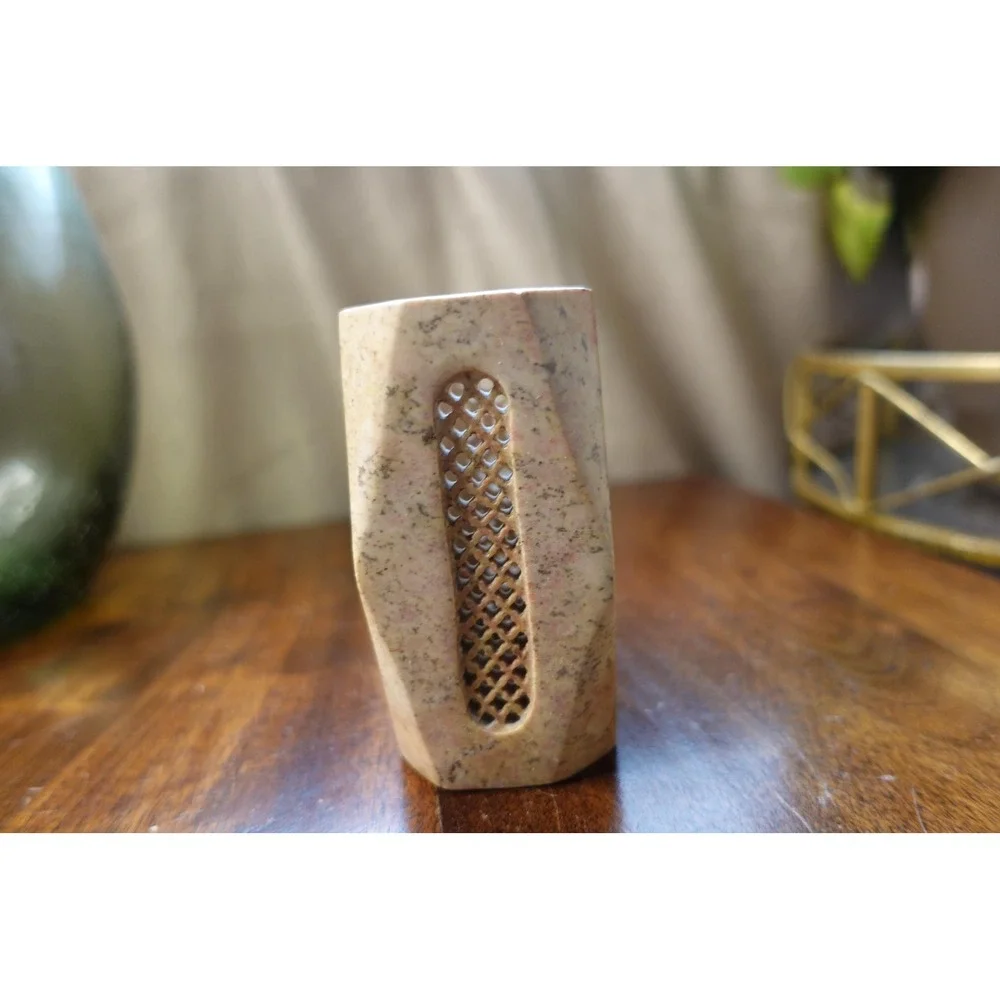 Vintage Stone Vase with Inlaid Floral Design, Small Decorative Vase‎